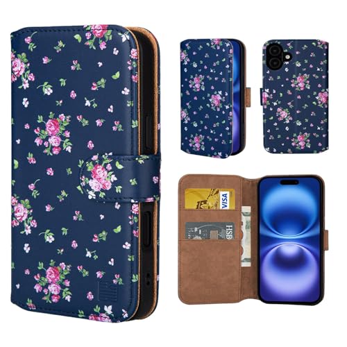 32nd Blumen Series 3.0 - PU Leder-Mappen-Hülle Case Cover für iPhone 16 (6.1"), Blumendesign hüllen Mit RFID-Blockierung Kartensteckplatz, Magnetverschluss und Standfuß - Weinlese-Rosen-Indigo von 32nd