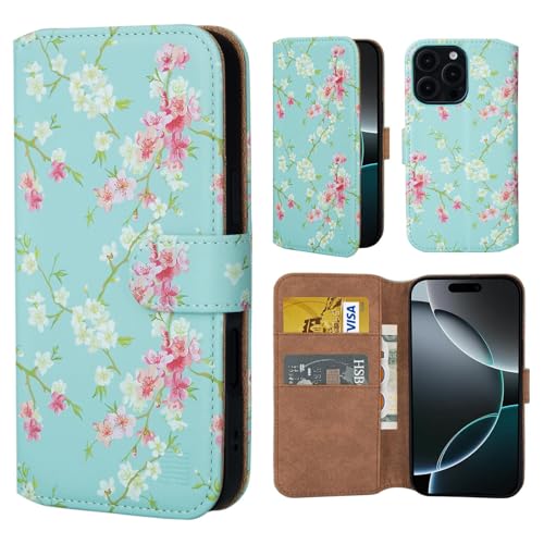 32nd Blumen Series 3.0 - PU Leder-Mappen-Hülle Case Cover für iPhone 16 Pro (6.3"), Blumendesign hüllen Mit RFID-Blockierung Kartensteckplatz, Magnetverschluss und Standfuß - Frühlings-Blau von 32nd