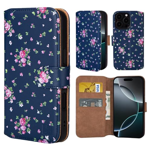32nd Blumen Series 3.0 - PU Leder-Mappen-Hülle Case Cover für iPhone 16 Pro (6.3"), Blumendesign hüllen Mit RFID-Blockierung Kartensteckplatz, Magnetverschluss und Standfuß - Weinlese-Rosen-Indigo von 32nd