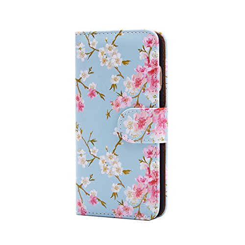 32nd Blumen Series - PU Leder-Mappen-Hülle Case Cover für Apple iPhone 7 Plus & 8 Plus, Blumendesign hüllen Entwurf gemacht Mit Kartensteckplatz und Magnetverschluss - Frühlings-Blau von 32nd