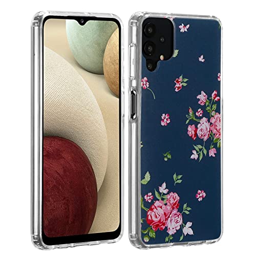 32nd Blumengel Serie - Transparente, Durchsichtige Schutzhülle mit Blumenmuster für Samsung Galaxy A12 (2021), Hardcover Handyhülle mit TPU-Gelkanten - Weinlese-Rosen-Indigo von 32nd