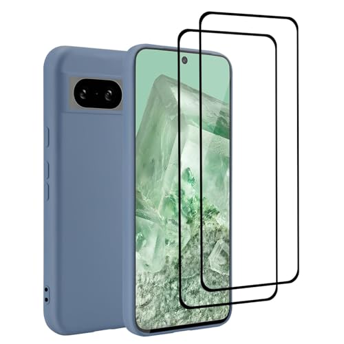 32nd Flüssiges Silikon Schutzhülle für Google Pixel 8A mit 2 Displayschutzfolien aus gehärtetem Glas, schlanke und langlebige Case Cover- Grau von 32nd