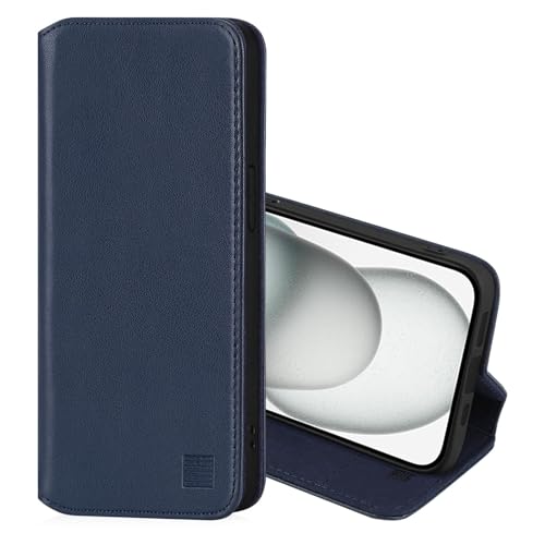 32nd Klassische Serie 2.0 - Lederhülle Case Cover für Apple iPhone 15 (6.1"), Echtleder Hülle Mit RFID-Blockierung Kartensteckplatz, Magnetverschluss und Standfuß - Marineblau von 32nd