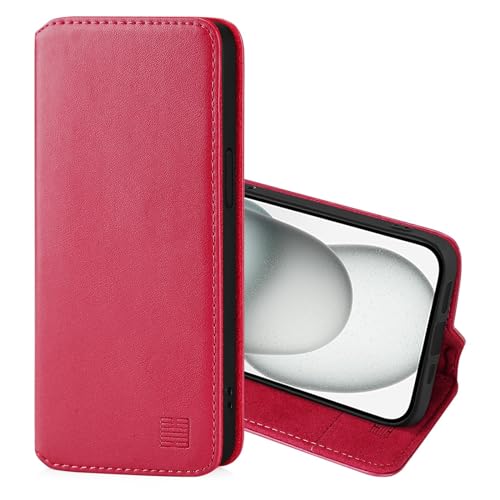 32nd Klassische Serie 2.0 - Lederhülle Case Cover für Apple iPhone 15 (6.1"), Echtleder Hülle Mit RFID-Blockierung Kartensteckplatz, Magnetverschluss und Standfuß - Rosa Pink von 32nd