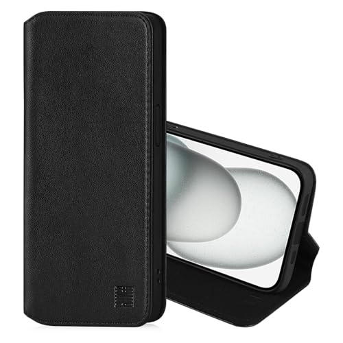 32nd Klassische Serie 2.0 - Lederhülle Case Cover für Apple iPhone 15 (6.1"), Echtleder Hülle Mit RFID-Blockierung Kartensteckplatz, Magnetverschluss und Standfuß - Schwarz von 32nd