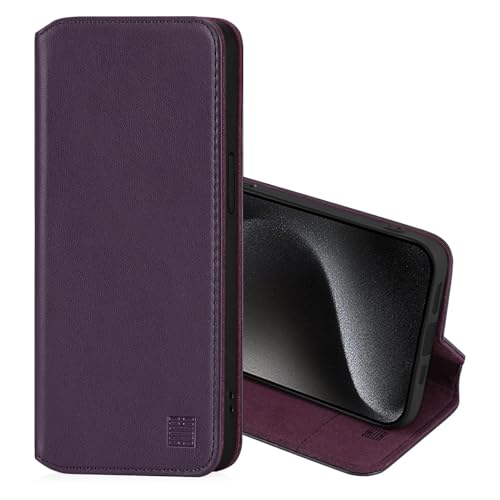 32nd Klassische Serie 2.0 - Lederhülle Case Cover für Apple iPhone 15 Pro (6.1"), Echtleder Hülle Mit RFID-Blockierung Kartensteckplatz, Magnetverschluss und Standfuß - Aubergine von 32nd