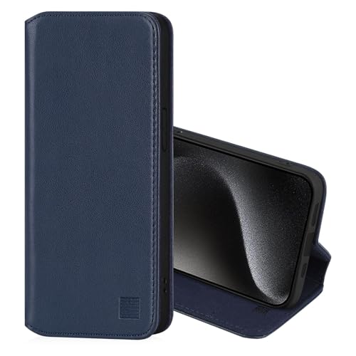 32nd Klassische Serie 2.0 - Lederhülle Case Cover für Apple iPhone 15 Pro (6.1"), Echtleder Hülle Mit RFID-Blockierung Kartensteckplatz, Magnetverschluss und Standfuß - Marineblau von 32nd