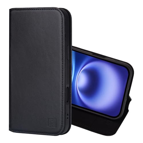 32nd Klassische Serie 2.0 - Lederhülle Case Cover für iPhone 16 (6.1"), Echtleder Hülle Mit RFID-Blockierung Kartensteckplatz, Magnetverschluss und Standfuß - Schwarz von 32nd