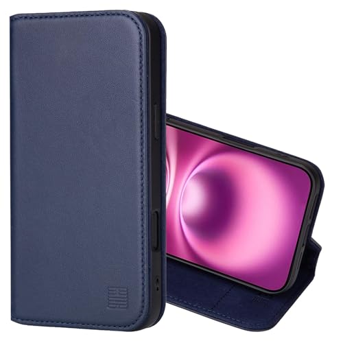 32nd Klassische Serie 2.0 - Lederhülle Case Cover für iPhone 16 Plus (6.7"), Echtleder Hülle Mit RFID-Blockierung Kartensteckplatz, Magnetverschluss und Standfuß - Marineblau von 32nd