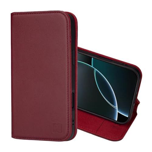 32nd Klassische Serie 2.0 - Lederhülle Case Cover für iPhone 16 Pro (6.3"), Echtleder Hülle Mit RFID-Blockierung Kartensteckplatz, Magnetverschluss und Standfuß - Burgunder von 32nd