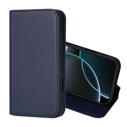 32nd Klassische Serie 2.0 - Lederhülle Case Cover für iPhone 16 Pro (6.3"), Echtleder Hülle Mit RFID-Blockierung Kartensteckplatz, Magnetverschluss und Standfuß - Marineblau von 32nd
