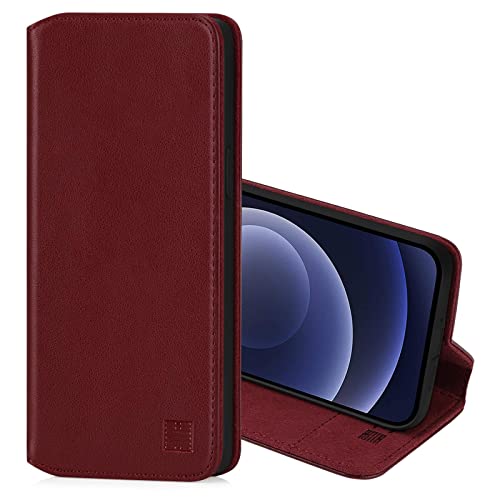 32nd Klassische Series 2.0 - Lederhülle Case Cover für Apple iPhone 12 (6.1") / iPhone 12 Pro (6.1"), Echtleder Hülle Mit Kartensteckplatz, Magnetisch und Standfuß - Burgunder von 32nd