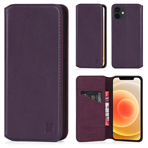 32nd Klassische Series 2.0 - Lederhülle Case Cover für Apple iPhone 12 Mini (5.4"), Echtleder Hülle Entwurf gemacht Mit Kartensteckplatz, Magnetisch und Standfuß - Aubergine von 32nd