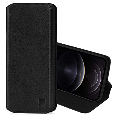 32nd Klassische Series 2.0 - Lederhülle Case Cover für Apple iPhone 12 Pro Max (6.7"), Echtleder Hülle Entwurf gemacht Mit Kartensteckplatz, Magnetisch und Standfuß - Schwarz von 32nd