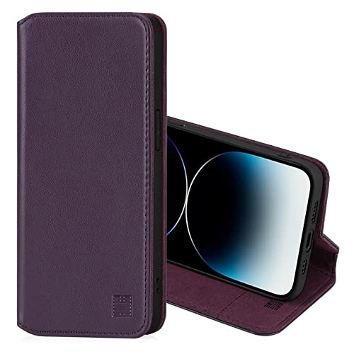 32nd Klassische Series 2.0 - Lederhülle Case Cover für Apple iPhone 14 Pro (6.1"), Echtleder Hülle Entwurf gemacht Mit Kartensteckplatz, Magnetisch und Standfuß - Aubergine von 32nd