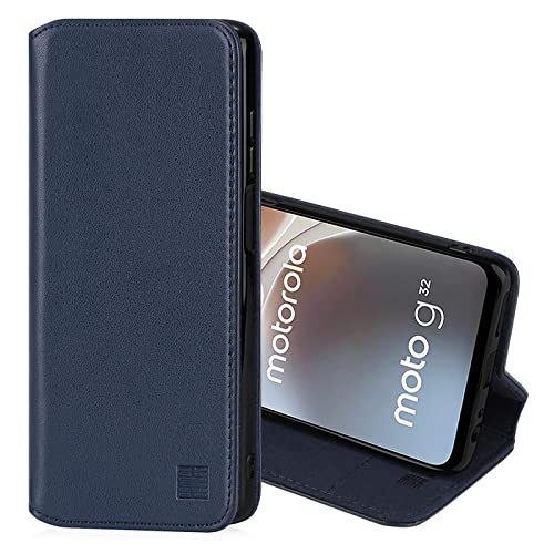 32nd Klassische Series 2.0 - Lederhülle Case Cover für Motorola Moto G32, Echtleder Hülle Entwurf gemacht Mit Kartensteckplatz, Magnetisch und Standfuß - Marineblau von 32nd