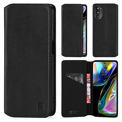 32nd Klassische Series 2.0 - Lederhülle Case Cover für Motorola Moto G82 5G, Echtleder Hülle Entwurf gemacht Mit Kartensteckplatz, Magnetisch und Standfuß - Schwarz von 32nd