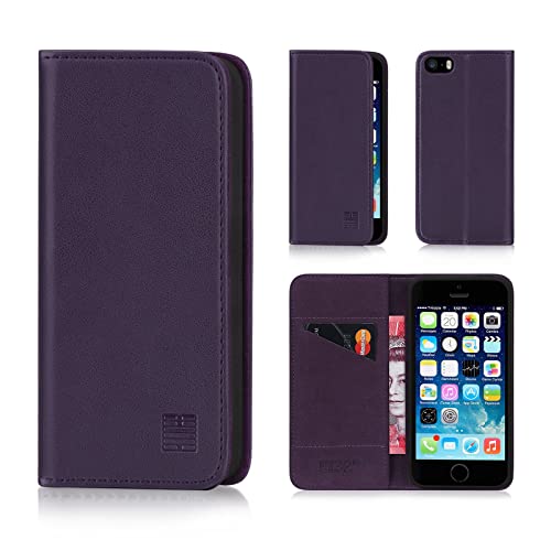 32nd Klassische Series - Lederhülle Case Cover für Apple iPhone 5, 5S & SE (2016), Echtleder Hülle Entwurf gemacht Mit Kartensteckplatz, Magnetisch und Standfuß - Aubergine von 32nd