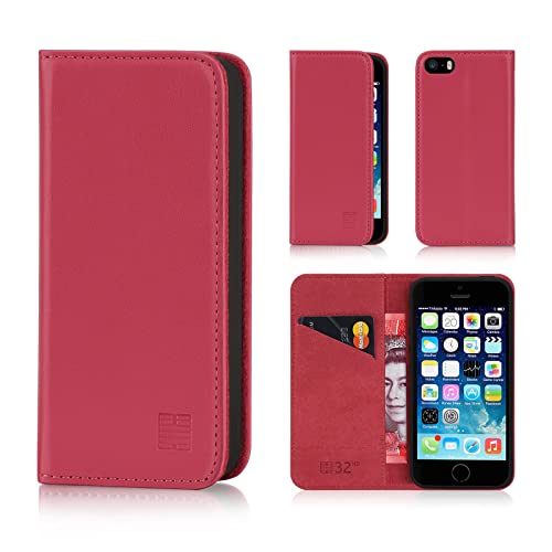 32nd Klassische Series - Lederhülle Case Cover für Apple iPhone 5, 5S & SE (2016), Echtleder Hülle Entwurf gemacht Mit Kartensteckplatz, Magnetisch und Standfuß - Rosa Pink von 32nd