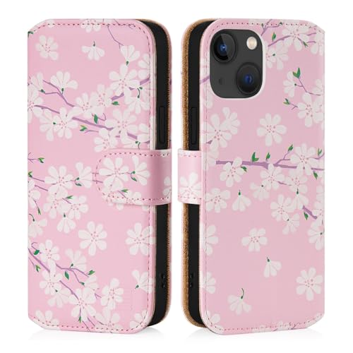 32nd - PU Leder-Mappen-Hülle Case Cover für Apple iPhone 15 Plus (6.7"), Blumendesign hüllen Mit RFID-Blockierung Kartensteckplatz, Magnetverschluss und Standfuß - Kirschblüte Gänseblümchen von 32nd