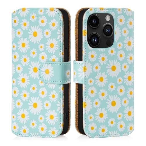 32nd - PU Leder-Mappen-Hülle Case Cover für Apple iPhone 15 Pro (6.1"), Blumendesign hüllen Mit RFID-Blockierung Kartensteckplatz, Magnetverschluss und Standfuß - Blaues Gänseblümchen von 32nd