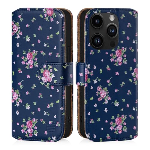 32nd - PU Leder-Mappen-Hülle Case Cover für Apple iPhone 15 Pro Max (6.7"), Blumendesign hüllen Mit RFID-Blockierung Kartensteckplatz, Magnetverschluss und Standfuß - Weinlese-Rosen-Indigo von 32nd