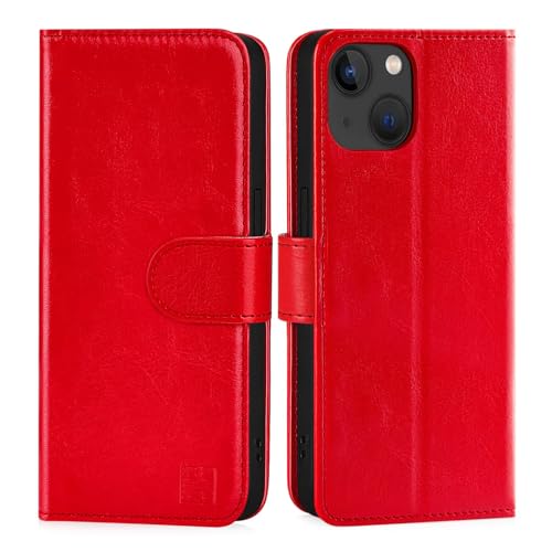 32nd PU Leder Mappen Hülle Flip Case Cover für Apple iPhone 15 Pro (6.1"), Ledertasche Hüllen Mit RFID-Blockierung Kartensteckplatz, Magnetverschluss und Standfuß - Rot von 32nd