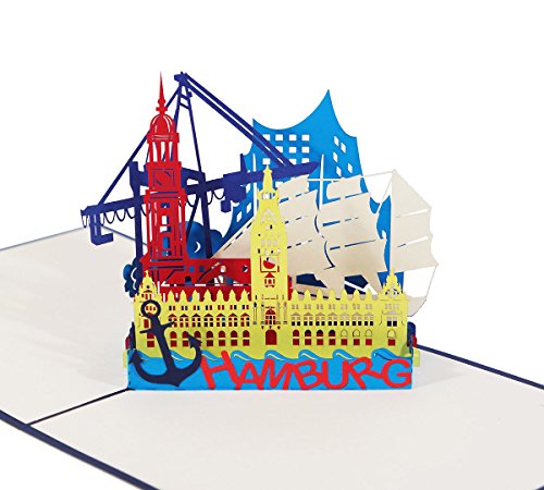 3D KARTE "Hamburg Skyline" in blau I Pop Up Karte als Reisegutschein, Grußkarte, Glückwunschkarte, Geburtstagskarte I Klappkarte als Souvenir von 3D Kartenwelt
