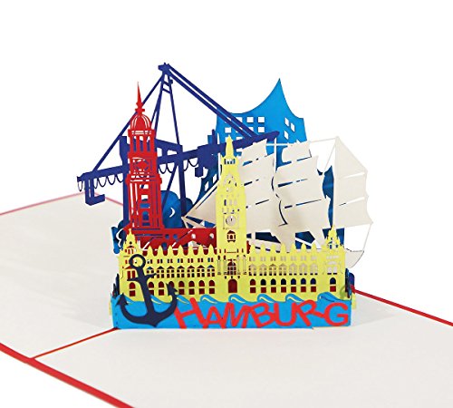 3D KARTE "Hamburg Skyline" rot I PopUp Karte als Reisegutschein, Grußkarte, Geschenkgutschein I Klappkarte als Souvenir oder Gutschein für eine Reise von 3D Kartenwelt