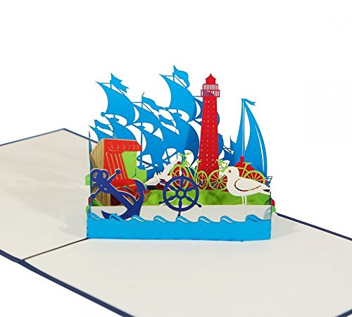 An der Küste - Klappkarte / 3D Pop-Up Karte - Grußkarte mit Möve, Strandkorb, Anker, Leuchtturm und Segelschiffen als Reise-Gutschein, Andenken, Souvenir von 3D Kartenwelt