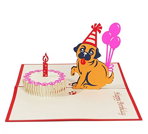 Happy Birthday Mops - 3D Karte/Pop-Up/Klappkarte - Geburtstagskarte, Grußkarte, Glückwunschkarte, Geschenkkarte zum Geburtstag mit Hund von 3D Kartenwelt