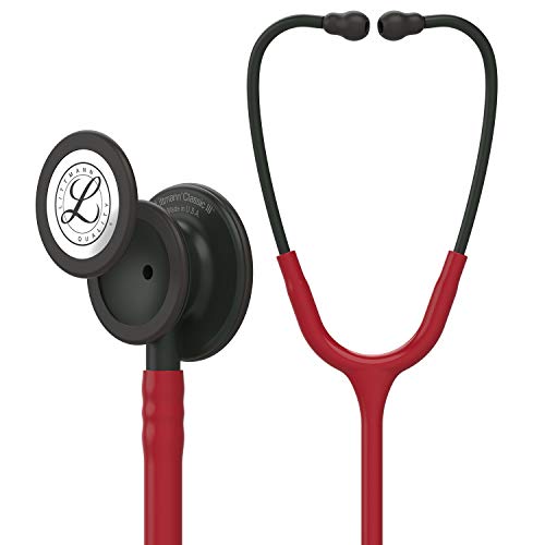 3M Littmann Classic III Stethoskop zur Überwachung, 5868, Black-Edition Bruststück, Schlauchanschluss und Ohrbügel in Schwarz, burgunderroter Schlauch, 69 cm von 3M Littmann