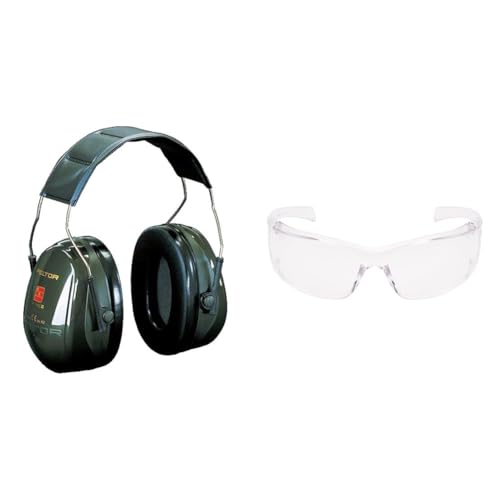 3M PELTOR Optime II Kapselgehörschutz, grün & 3M Virtua AP Schutzbrille - Augenschutz, UV Schutz - Transparente, kratzfeste Schutzbrille für Industrie und Gewerbe, 26 g leicht von 3M PELTOR