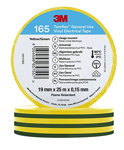 3M Temflex™ Vinyl-Isolierband 165, Grün/Gelb, 19 mm x 25 m, 10 Rollen von 3M Temflex