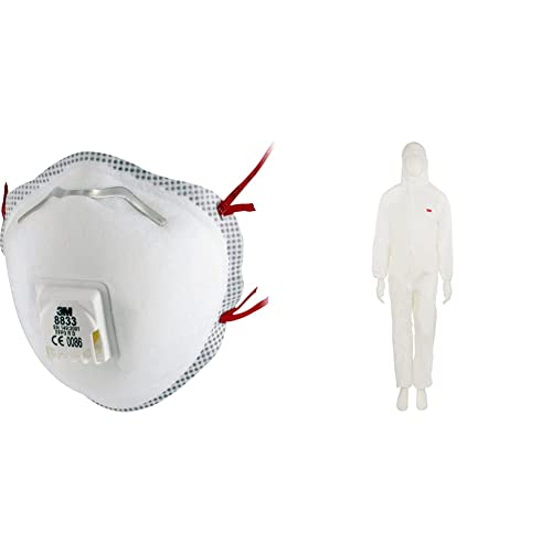 3M Atemschutzmaske 8833, FFP3-Feinstaub-Maske mit Ventil für reduzierte Wärmebildung, 10 Stück & 45104XL Schutzanzug, Typ 5/6, Größe 4XL, Weiss von 3M