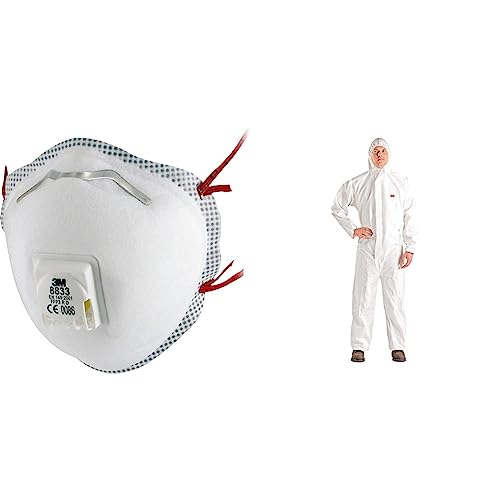 3M Atemschutzmaske 8833, FFP3-Feinstaub-Maske mit Ventil für reduzierte Wärmebildung, 10 Stück & 4510XL Schutzanzug, Typ 5/6, Größe XL, Weiss von 3M
