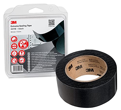 3M Hochleistungs-Dichtband 4411B - Haftung bei Kontakt auf vielen Metallen und Kunststoffen ohne Trocknungszeiten, Tropfen oder Verschmutzungen - 50mm x 5.5m, Schwarz, Dicke 1.0mm (1 Pack) von 3M
