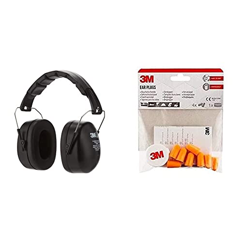 3M Kapselgehörschutz 90563E, Zusammenklappbarer Ohrenschützer & 1100C4 Gehörschutzstöpsel mit Aufbewahrungsbox, 1 Set mit 4 Paar, Orange von 3M