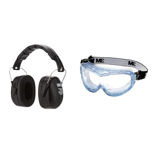 3M Kapselgehörschutz 90563E, Zusammenklappbarer Ohrenschützer & Fahrenheit Schutzbrille 71360-00012, Vollsichtbrille, Kratzfest von 3M