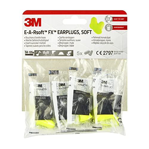 3M Ohrstöpsel, Soft, E-a-RSoft FX, Gelb, Gehörschutz gegen Geräuschpegel im Bereich von 94-105 dB (SNR 39dB), (1 Packung mit 5 Paaren) von 3M