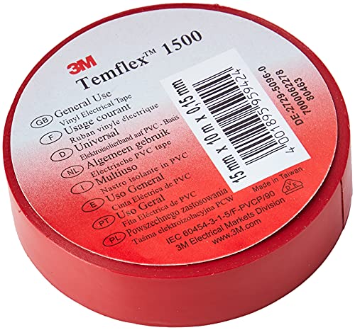 3M Temflex TROT1510 Temflex 1500 Vinyl Elektro-Isolierband, 15 mm x 10 m, 0,15 mm, Rot von 3M