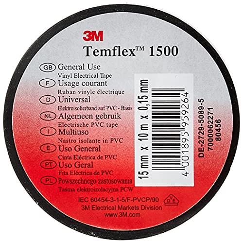 3M Temflex TSCH1510 Temflex 1500 Vinyl Elektro-Isolierband, 15 mm x 10 m, 0,15 mm, Schwarz 1 - Pack von 3M