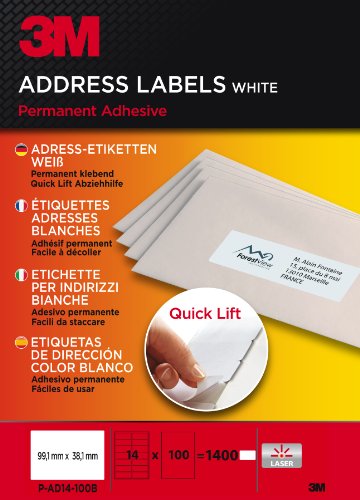 PA1425B Quick Lift Adress-Etiketten für Laserdrucker, 99.1 x 38.1 mm, 1400 Etiketten, weiß von 3M
