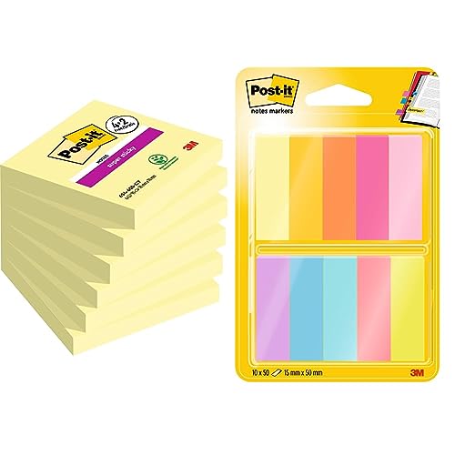 Post-it Super Sticky Notes Promotion, Gelb, 76 mm x 76 mm & Notes Marker, Packung mit 10 Blöcken, 50 Marker pro Block von 3M