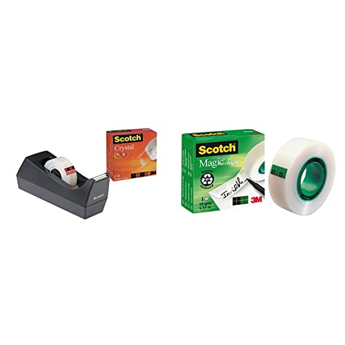 Scotch Klebebandabroller 83980 –Schwarz – Inkl. 1 Rolle Scotch Crystal Klebefilm 19 mm x 10 m & Magic Klebeband – 1 Roll 19mm x 33m - Transparenter & matter Klebefilm für den alltäglichen Gebrauch von Scotch