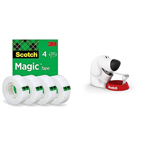 Scotch Magic Klebeband – 4 Rollen 19mm x 33m, Allzweck-Klebeband für die Reparatur & Tischabroller inkl. 1 Rolle Klebeband - Hunde Klebeband Abroller, auch für Kinder, weiß von 3M