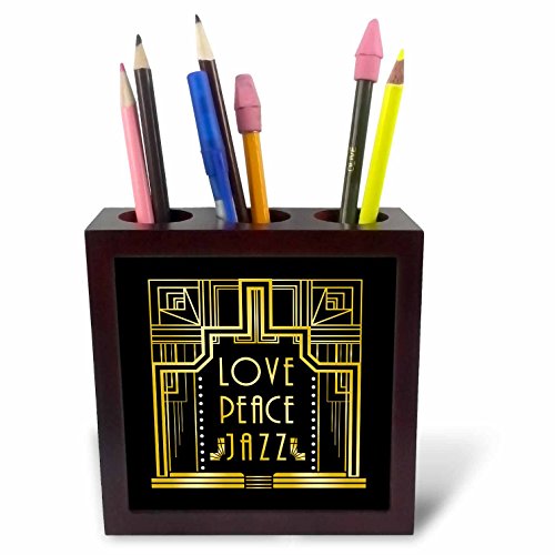 3dRose 241505 _ PH-5 " Art Deco, Liebe und Frieden und Jazz, Design Tile mit Halter, goldfarben von 3dRose