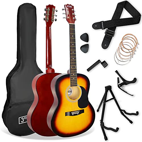 3rd Avenue 4/4 Westerngitarren-Set in Normalgröße mit Stahlsaiten, für Anfänger – Gigbag, Plektren, Ersatzsaiten, Ständer, Gurt, Kapodaster – in Sunburst von 3rd Avenue
