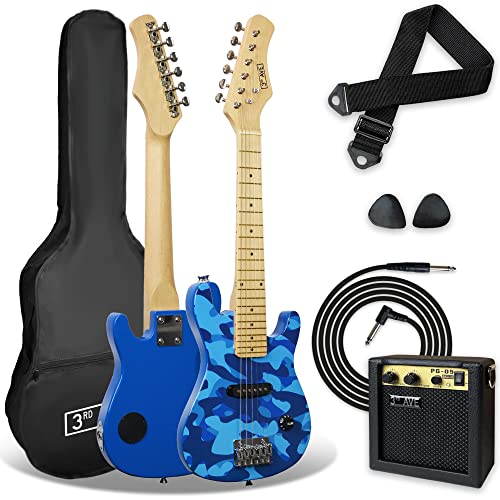 3rd Avenue E-Gitarrenset für Kinder in 1/4-Größe, Junior-Gitarre für Anfänger – mit 6 Monate KOSTENLOSEM Unterricht, tragbarem Verstärker mit 5 W, Kabel, Tasche, Plektren und Gurt – in Camouflage-Blau von 3rd Avenue