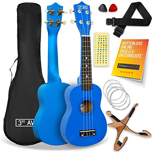 3rd Avenue Sopran-Ukulele mit 54 cm/21“, Anfängerset – Tasche, Ständer, Gurt, Saiten, Plektren und Griffbrett-Aufkleber – in Blau – KOSTENLOSE 1-monatige Online-Lektionen von 3rd Avenue